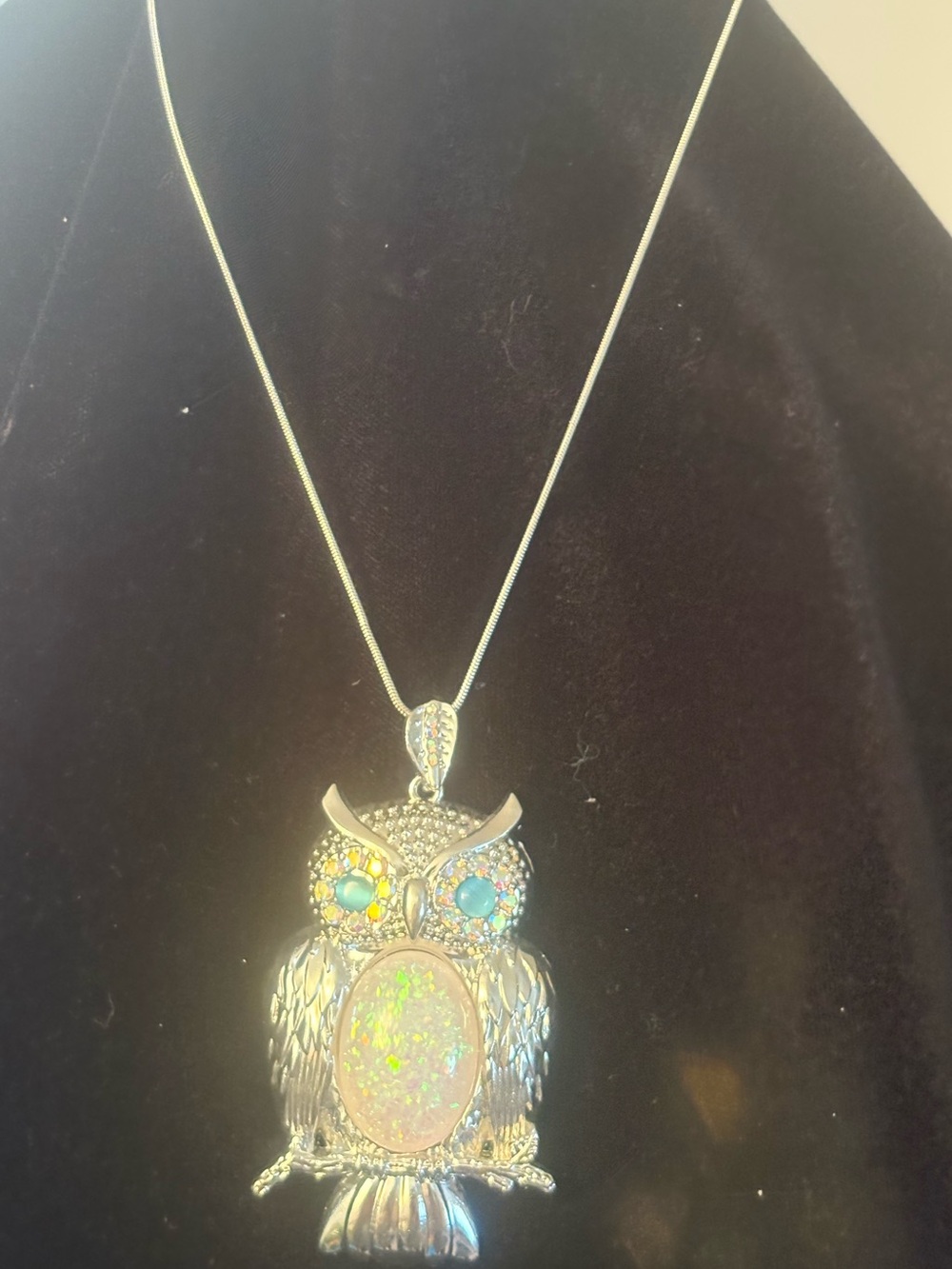 Opal Accent Owl Pendant Necklace - Silver Tone